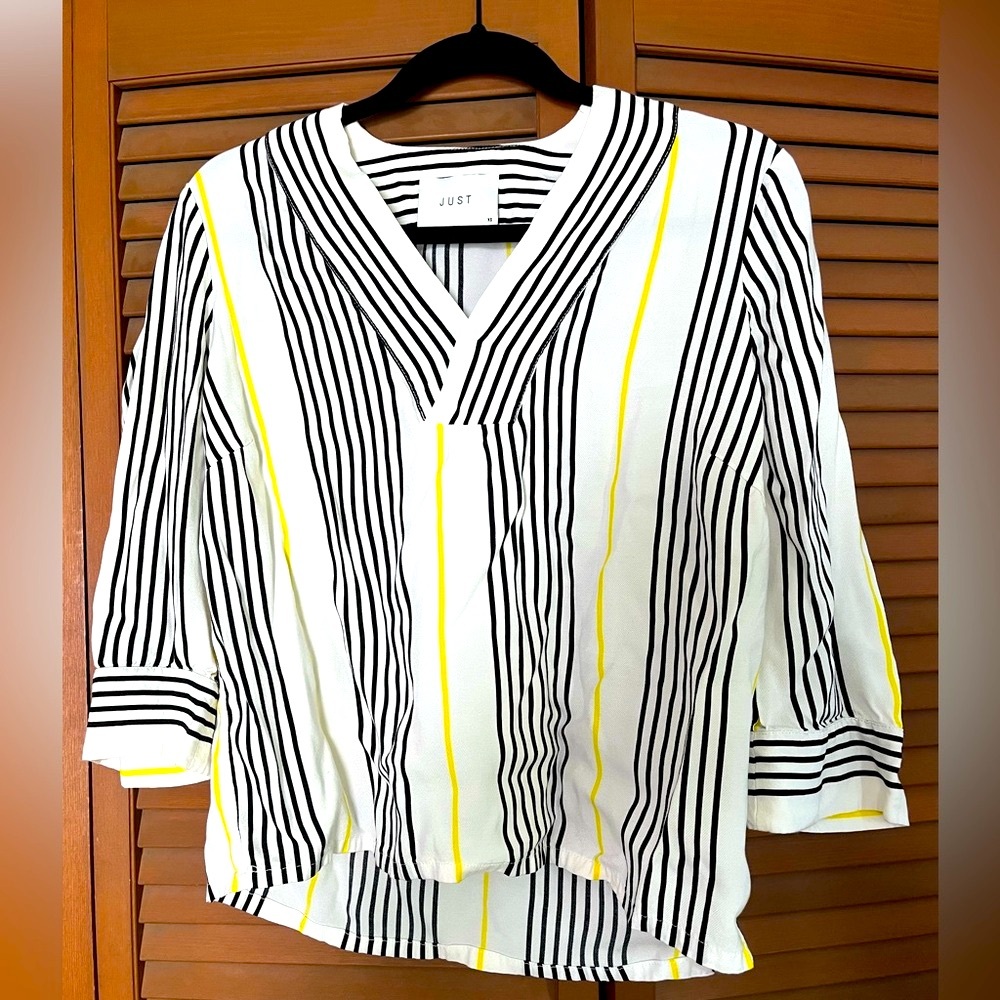 Women's Striped Black and Yellow V Neck Blouse